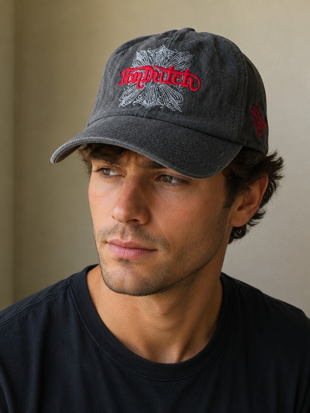 Von Dutch Men's Washed Black Baseball Cap - Casual Everyday Dad Hat